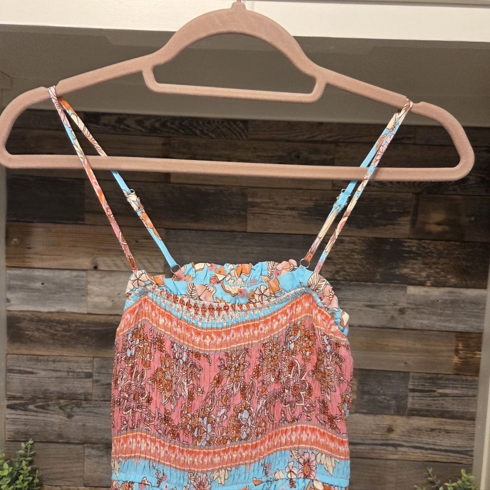 Cupshe Floral Maxi Dress With Cinched Ruffle Top- in Aqua & Coral - Picture 9 of 14